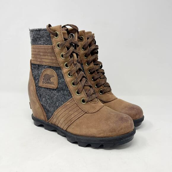 Sorel Lexie Wedge Lace Up Brown Leather Gray Felt Weatherproof Boot‎ - Picture 1 of 9